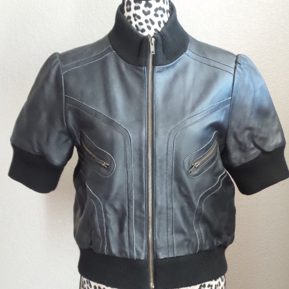Short Sleeve Black  Leather Jacket